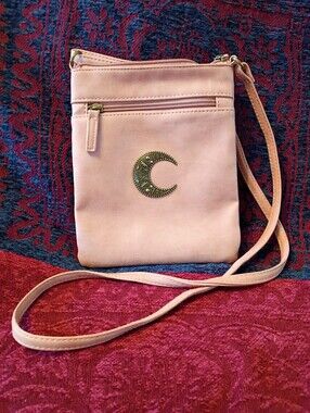 Pink Boho Crossbody Bag with Crescent Moon Emblem